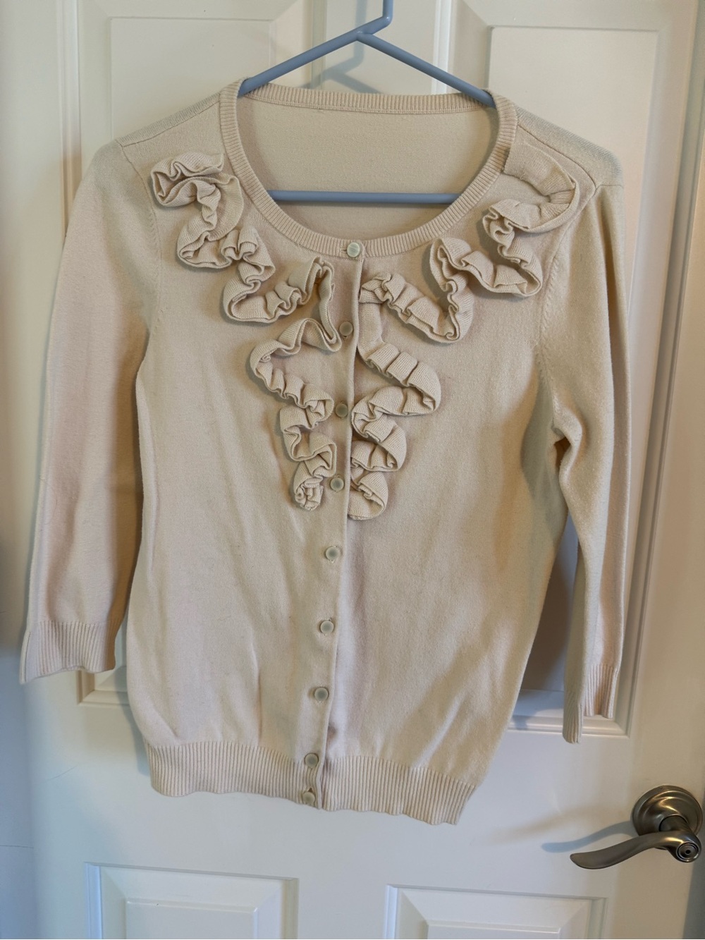 Women's Cream Ruffle-Front Cardigan Sweater
